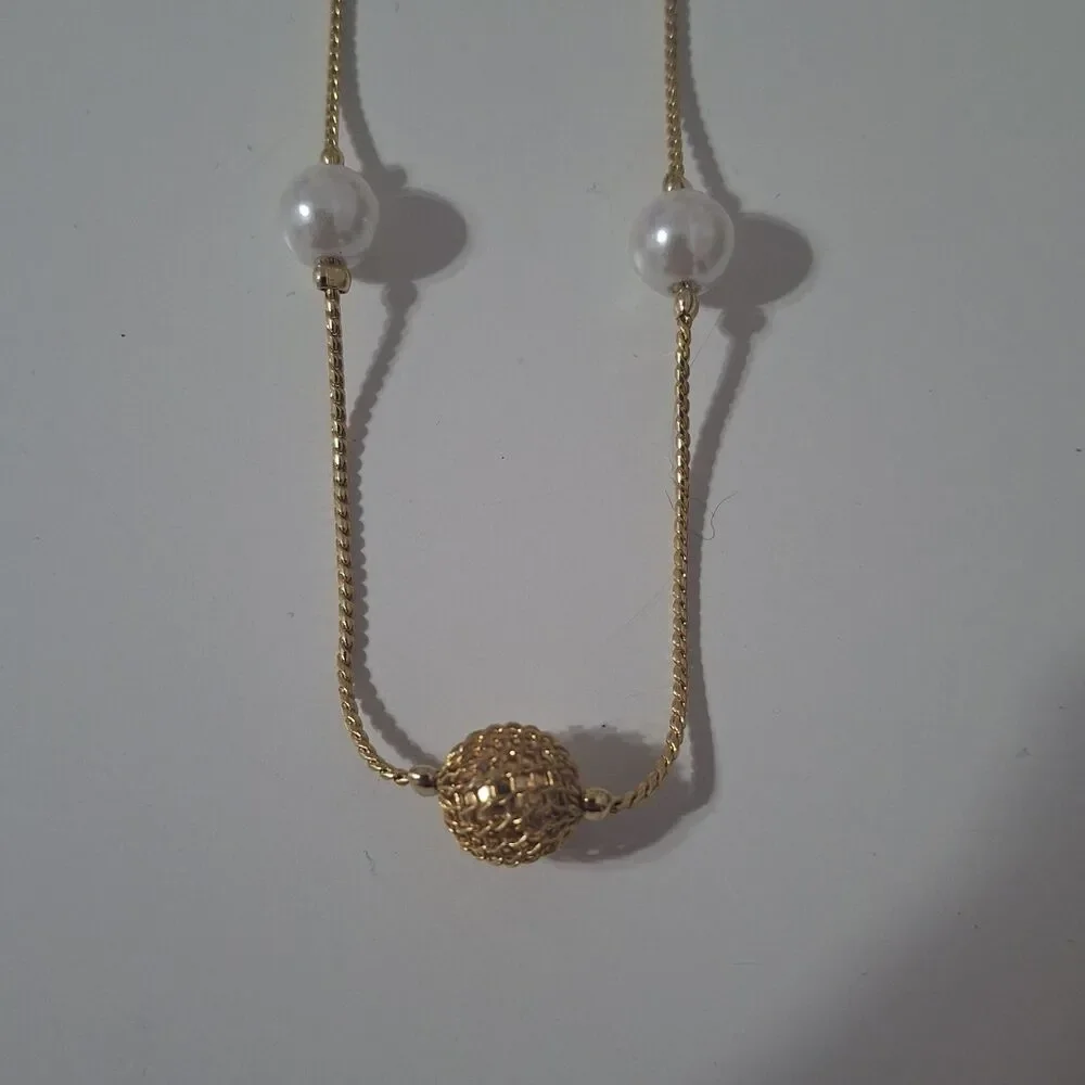 Single Strand Long Gold Tone Thin Chain Round Faux Pearl Beaded Necklace